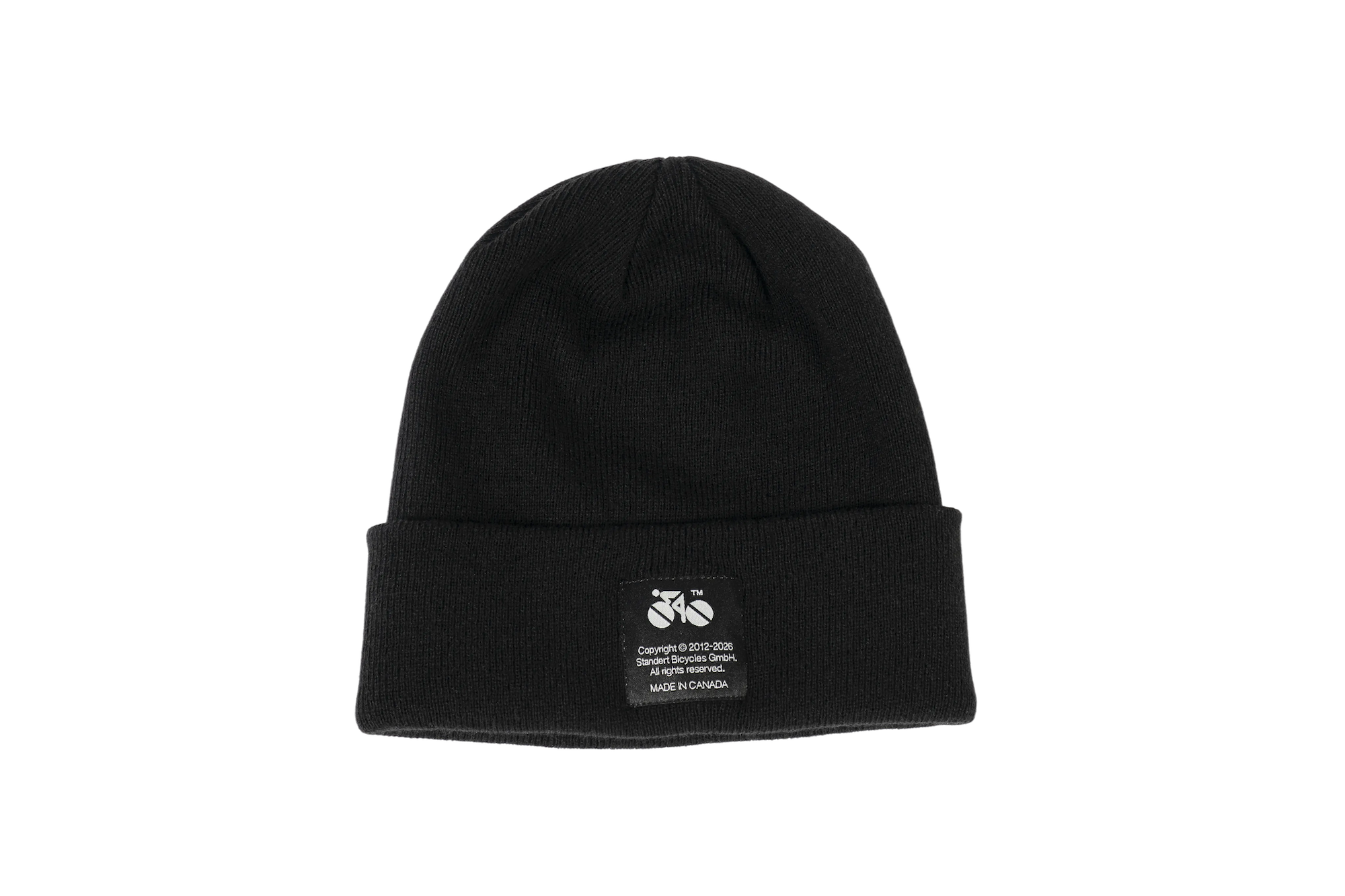 Black beanie with small square label showing the Standert Rider logo