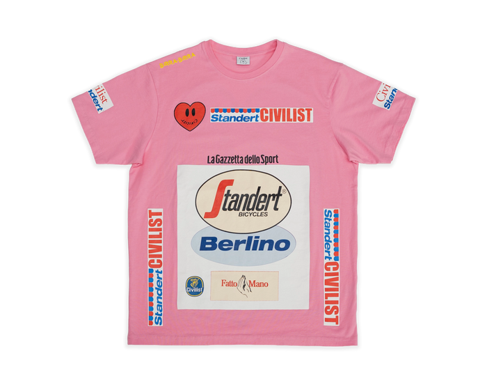 A pink short-sleeve t-shirt featuring multiple 'Standert' and 'Civilist' sponsor logos and graphics printed on the front, displayed against a solid white background.